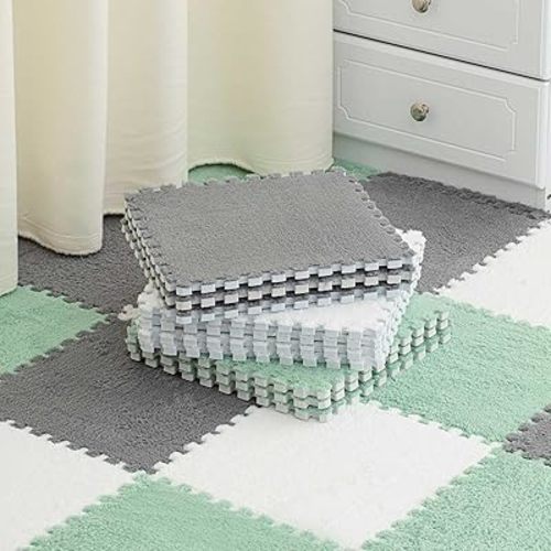 Amylove 36 Pcs Plush Foam Floor Mat Square Interlocking Carpet Tiles with Border Fluffy Play Mat Floor Tiles Soft Climbing Area Rugs for Home Playroom, 12 x 12 x 0.4 Inch (White, Gray, Mint Green)
