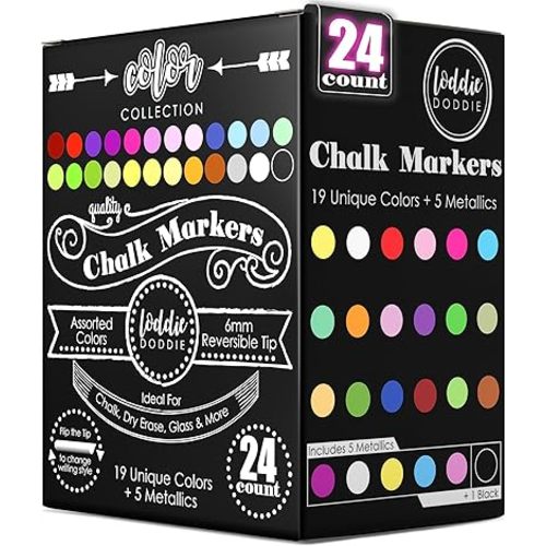Loddie Doddie Liquid Chalk Markers (24-Pack) - Dust-Free Erasable Pens for Windows, Glass, Chalkboard & Blackboard - 6mm Reversible Bullet & Chisel Tip