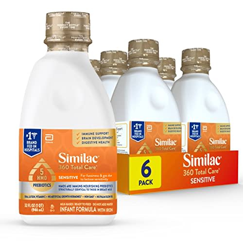 Similac 360 Total Care Sensitive Infant Formula for Fussiness & Gas Due to Lactose Sensitivity, Has 5 HMO Prebiotics, Non-GMO, Baby Formula, Ready to Feed, 32-fl-oz Bottle, Pack of 6