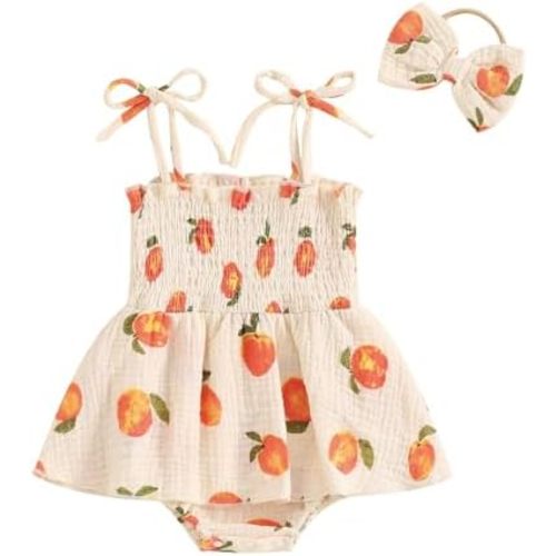 Newborn Infant Baby Girls Romper Dress Fruit/Flower Pattern Short Sleeve Ruched Jumpsuit Onesie Clothes Headband