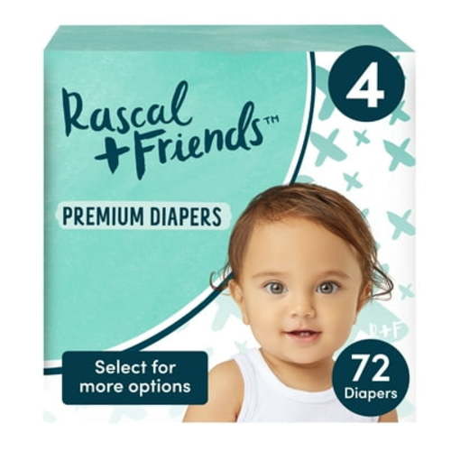 Rascal + Friends Premium Size 4 Diapers, 72 Count - Leak Protection, Dermatest Certified, 12 Hour Protection