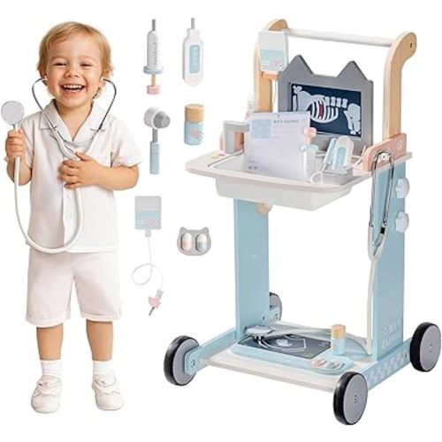 ROBOTIME Doctor Kit for Toddlers, Wooden Kids Doctor Play Set with Medical Cart & Accessories, Pretend Role Play Doctor Toys for Girls Boys, Toddler Doctor Playset Gift