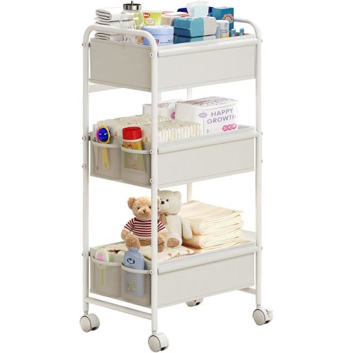 3-Tier Baby Diaper Caddy Cart Organizer with 2 Dividers & 8 Mesh Pockets - Mobile Nursery Storage Cart with Wheels, Durable Metal Utility Cart for Nursery, Bedroom, Bathroom Essentials Organization