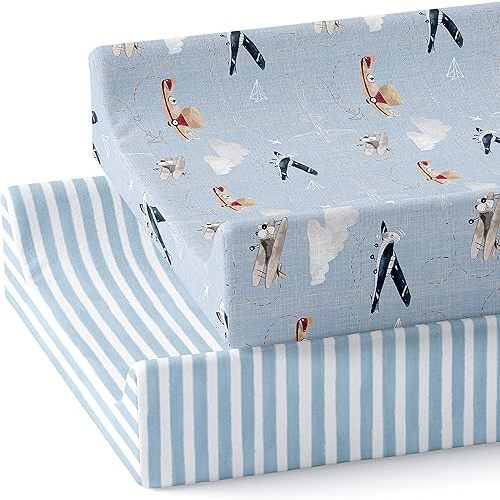 Baby Changing Pad Cover 2-Pack for Boys, Girls (Watercolor Airplanes and Clouds) - Premium Fitted Sheets Baby Diaper Changing Table Cover - Buttery Soft Cotton Blend