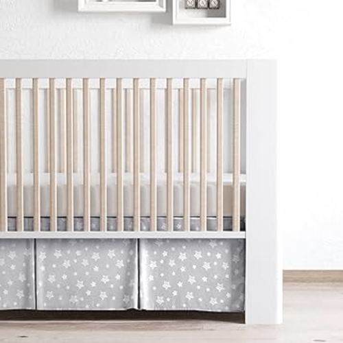 Crib Skirt for Boy Girl Pleated Dust Ruffle Machine Washable, 14" Drop, Toddler Crib Bed Skirt Grey with White Star, Microfiber Nursery Standard Crib Bedding Skirt