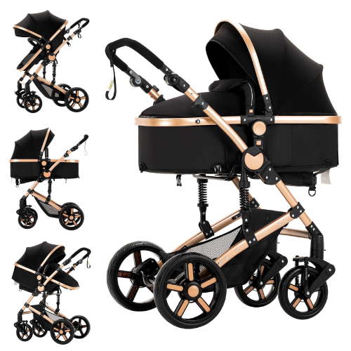 2 in1 Folding Lightweight Baby Stroller,Infant Travel Stroller with Cup Holder and Mosquito Net,Convertible Reversible Carriage Pram for Babies to Toddlers,Black Gold