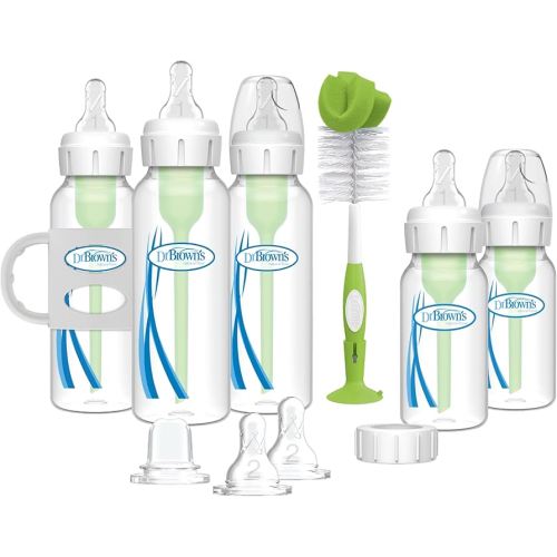 Dr. Brown's Natural Flow Anti-Colic Options + Narrow Bottle to Sippy Gift Set with Soft Silicone Sippy Spout, Removable Silicone Handles, Travel Cap and Bottle Brush