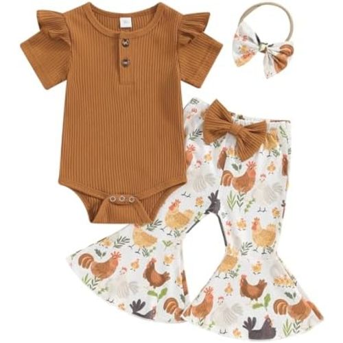 Newborn Baby Girl Summer Outfit Farm Chicken Romper Onesie Flare Pants Infant Clothes