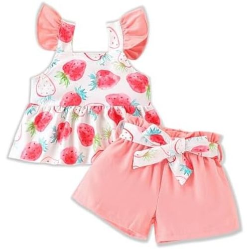 3-18M Newborn Baby Girl Pink Outfits Set Ruffle Sleeve Floral Top + Soild Shorts with Belt