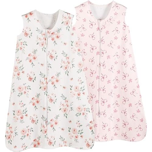 david's kids 100% Cotton Baby Sleep Sack 0-6 Months, Soft Baby Wearable Blankets with 2-Way Zipper, 2 Pack Comfy Sleeping Bags for Infant Newborn Boys Girls Neutral, Small Size, Pink Floral