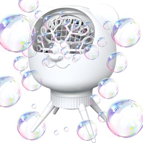 Rechargeable Bubble Machine for Kids & Parties, 38000+ Bubbles/Min, 90°/180° Auto-Rotating Bubble Makers 500ML Portable Bubble Blower with 2 Speed Modes for Weddings, Birthdays, Outdoor/Indoor, White