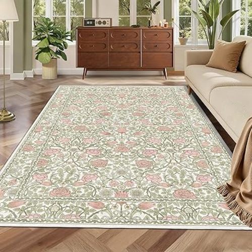 GarveeHome Pink and Green Vintage Floral Washable Rugs 5x7 for Living Room Boho Retro Botanical Rug Low Pile Stain Resistance Non Slip Carpet for Bedroom Nursery Dining Room