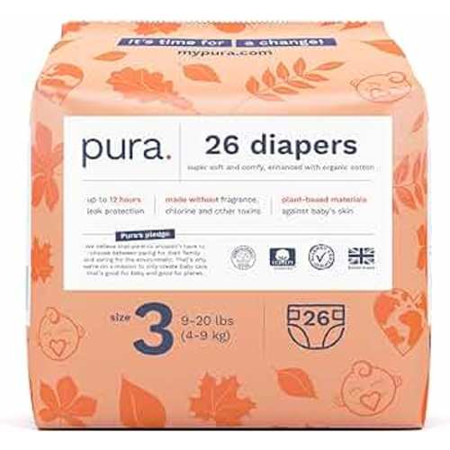 Pura Size 3 Eco-Friendly Diapers (9-20 lbs) Totally Chlorine Free (TCF) Hypoallergenic, Soft Organic Cotton, Sustainable, up to 12 Hours Leak Protection, Allergy UK, 1 Pack of 26 Diapers