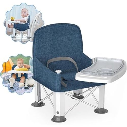 Baby Travel Booster Seat with Double Tray, BabyBond Upgraded Toddler Portable Baby Chair, Booster Seat for Dining Table, Stable and Foldable Booster Baby Chair for Indoor/Outdoor use (Denim Blue)