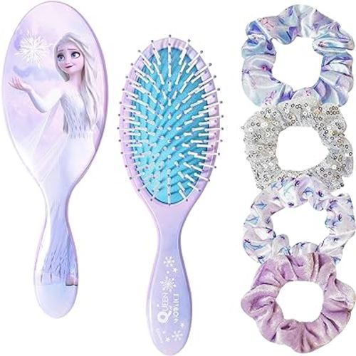 Frozen Princess Elsa Hair Accessory 5 Pcs Set - 1 Regular 9 inch Frozen Hairbrush & 4 Frozen Scrunchies - Detangling Brush & Elastic Hair Ties Ropes for Girls, Ages 3+