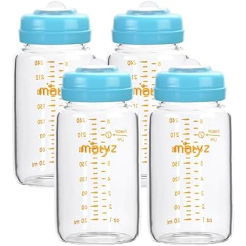 Matyz Glass Breastmilk Storage Bottles, 4 Pack, 8 oz, Sturdy Glass Bottle for Milk Freezing and Baby Feeding - Large Pumping Bottle for Philips Medela Spectra Breast Pumps - No BPA (Blue Lids)
