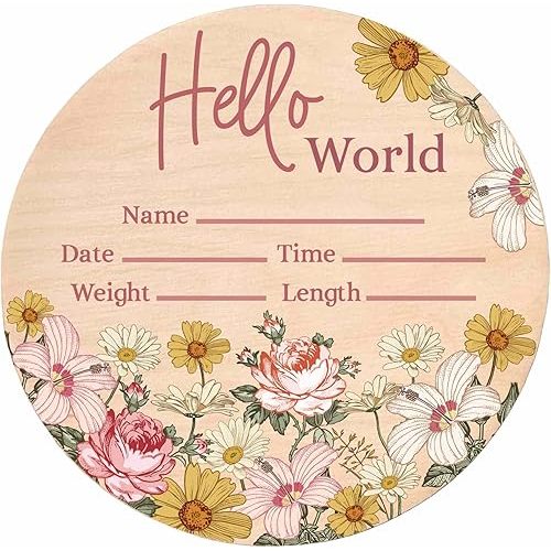 Hello World Newborn Sign - Baby Name Birth Announcement Plaque for Hospital - Daisy Pink Floral - Photo Prop - Nursery Decor - Shower Gift