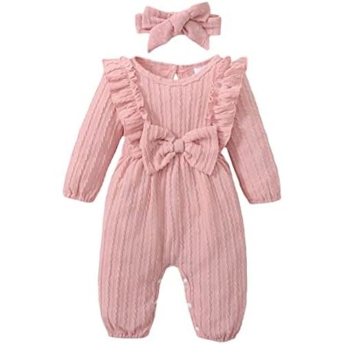 Happy Town Baby Girl Romper Infant Fall Winter Clothes Ruffle Sweater Long Sleeve Bodysuit Jumpsuit and Headband