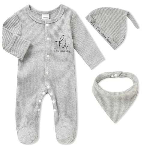 ZOELNIC Newborn Infant Baby Boy Coming Homing Clothes Letter Print Button Knit Footed Romper Jumpsuit Hat Bibs 3pcs Outfit