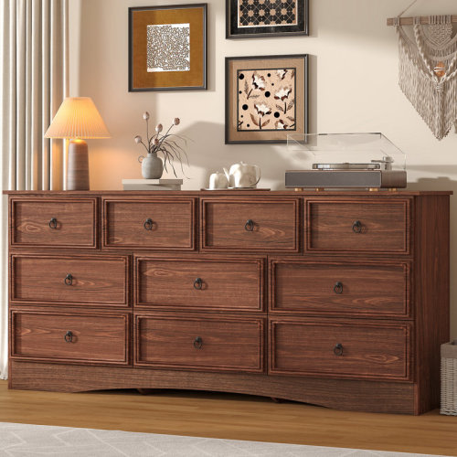 George Oliver 63 Inch Dresser for Bedroom, 10 Drawer Dresser with Large Drawers, Mid Century Modern Wide Wood Chest for Living Room, Hallway, Cherry Wood Color | Wayfair