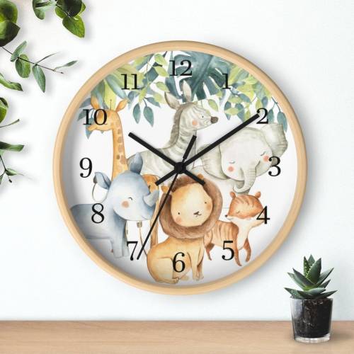 Safari Clock Nursery, Safari animals clock, Kids wall clock, Jungle nursery decor, Nursery wall clock, Wooden Frame, Silent Wall Clock - BaA
