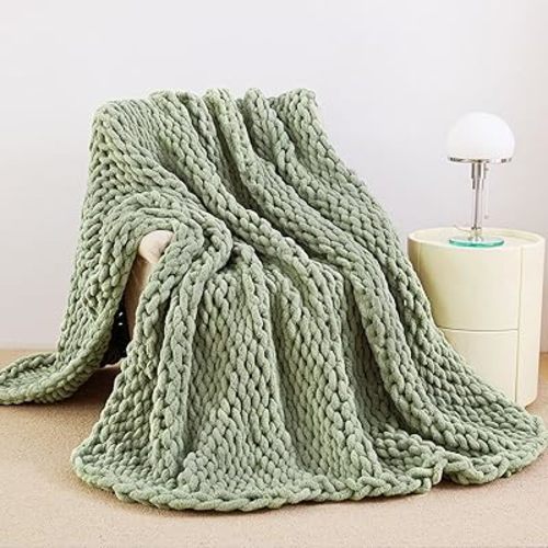Admitrack Chunky Knit Blanket Throw, 100% Hand Knit Chenille Throw Blanket for Sofa & Home Decor, Soft and Cozy Knitted Throw Blankets (Sage Green,51"x63")