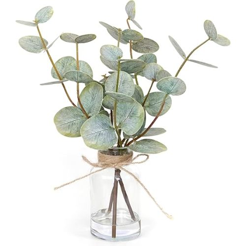 Muhanjia Artificial Eucalyptus Stems in Glass Vase with Faux Water,3Pcs Fake Plant with Double-Sided Green Leaves for Centerpiece(Double-Sided Green Eucalyptus)