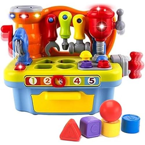 Yiosion Musical Learning Tool Workbench Toys for 1 Year Old Boy, One Year Old Boy Gifts, Toddler Tool Bench with Shape Sorter