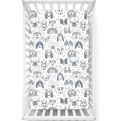 Dog Themed Fitted Crib Sheet,Standard Crib Mattress Fitted Sheet Soft Toddler Mattress Sheet Fitted-Baby Sheet for Boys Girls, 28“ x52“,Blue Grey Pale Grey White