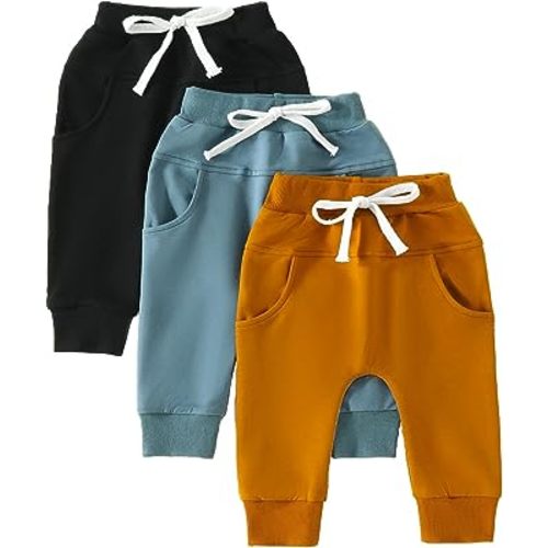 Unisex 3 Pack Pants Baby Boy Girl Drawstring Solid Color Sweatpants Casual Harem Joggers Fall Winter Bottoms Set