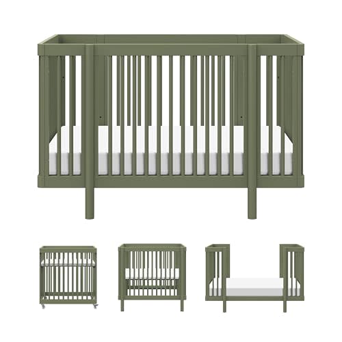 Babyletto Pogo Convertible All-Stages® Bassinet, Midi, Full-Size Crib in Olive Green, GREENGUARD Gold Certified, Portable & Adjustable with Conversion Kits and Pads Included