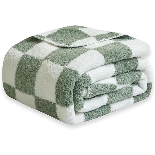 Checkered Throw Blanket - Comfortable Knit Breathable Blanket, Cozy and Warm Blanket for Couch, Chair, Bed, Camping, Picnic, and Travel. Green/White (50"x 70")