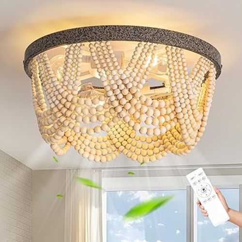 20" Boho Ceiling Fan with Light, Bohemian Caged Ceiling Fan with Lights and Remote Control, Wood Beaded Flush Mount with Reversible 6 Speeds for Bedroom, Nursery, Living Room, E26 Base, Indoor-Brown