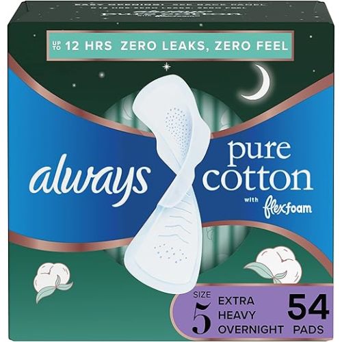 Always Pure Cotton With Flexfoam Pads, Size 5 Extra Heavy Overnight Absorbency, With Wings, 18 Count, Pack Of 3 (54 Count Total)