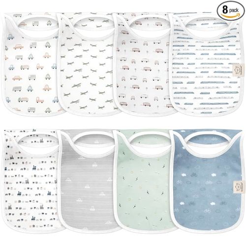 KeaBabies 8-Pack Bibs for Baby Girl, Boy - Pullover Large Baby Bibs for Drooling and Teething Infant, Newborn, Soft & Absorbent Organic Cotton, Long Torso Coverage Keep Toddler Clean & Dry (Vessels)