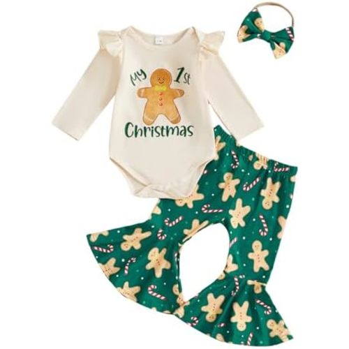 Newborn Baby Girl Christmas Outfit Gingerbread/Santa Print Long Sleeve Romper Flared Pants Set Cute Winter Clothes