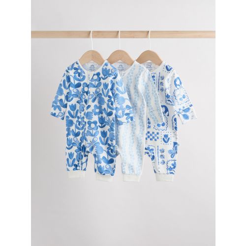 Blue 100% Cotton Two Way Zip Baby Footless Sleepsuits 3 Pack (0mths-3yrs)