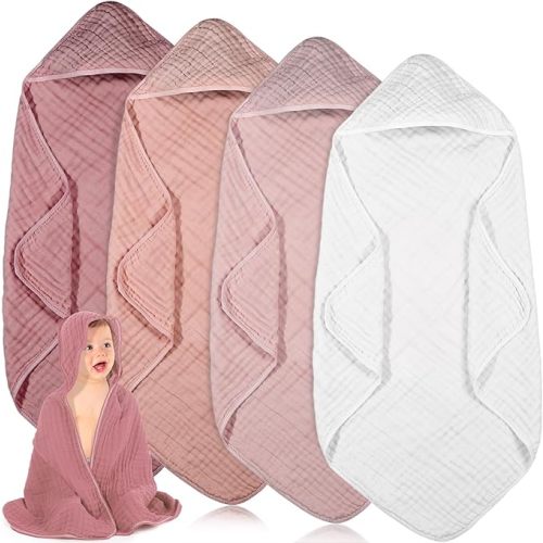 Peryiter 4 Pcs Muslin Hooded Baby Towels 32x32inch Cotton Newborn Bath Essentials Muslin Infant Blankets Absorbent Registry Baby Shower Present for Babies Girl Boy Kids (Beige Series)