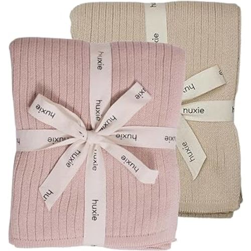 Denmark - Knitted Baby Blankets - Soft and Cozy 100% Organic Cotton Receiving Baby Blanket for Boys and Girls - Ideal for Stroller and Crib, 30 x 40 inch - 2-Pack (Fog and Blush)