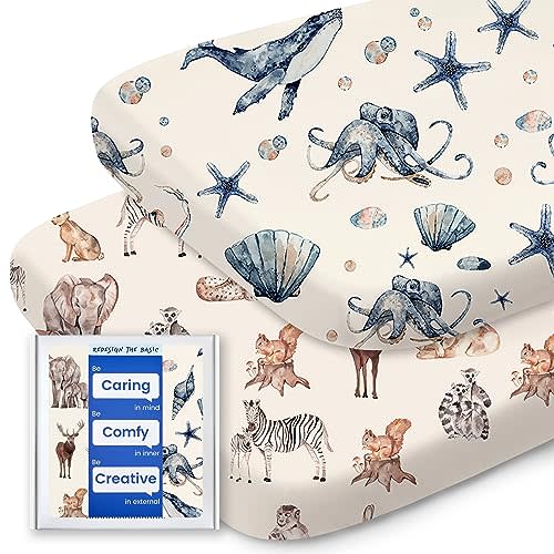 Bassinet Sheets for Baby Boy Girl, TotBasic Buttery Soft Universal Bassinet Fitted Sheet, Compatible with Halo, Mika Micky, Baby Delight, Dream On Me, Maxi COSI and More Bassinet Mattress(Ocean&Zoo)