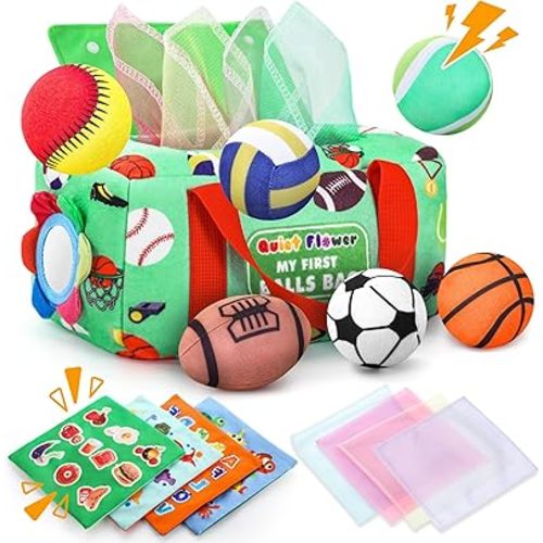 Sensory Sports Balls for Baby, My First Sports Bag Stuffed Plush Playset, Baby Gift Toys for Boys and Girls Ages 1 & Up