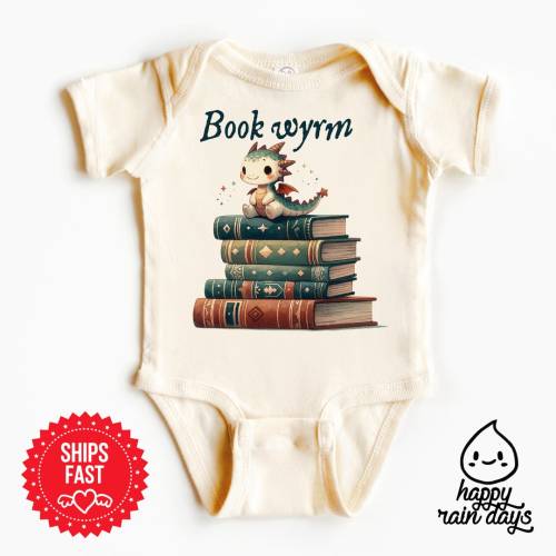 Book wyrm baby onesie®, cute reading dragon baby shirt, dragon onesie®, cute fantasy baby clothes, unisex geeky reading baby bodysuit