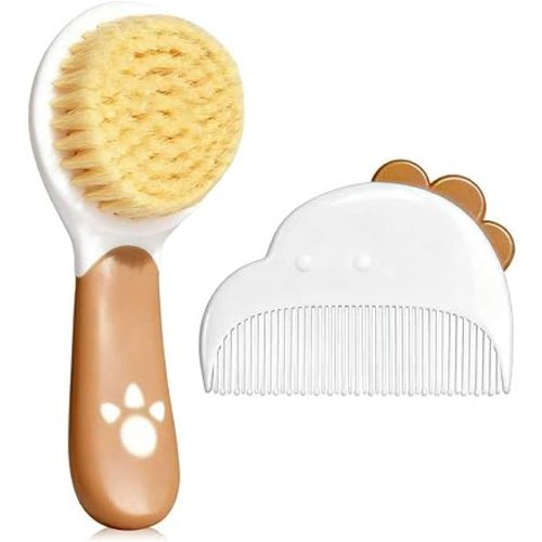Baby Hair Brush and Comb Set, Soft Bristles Cradle Cap Brush for Newborns, Toddlers, Baby Registry Gift (Wood Color)