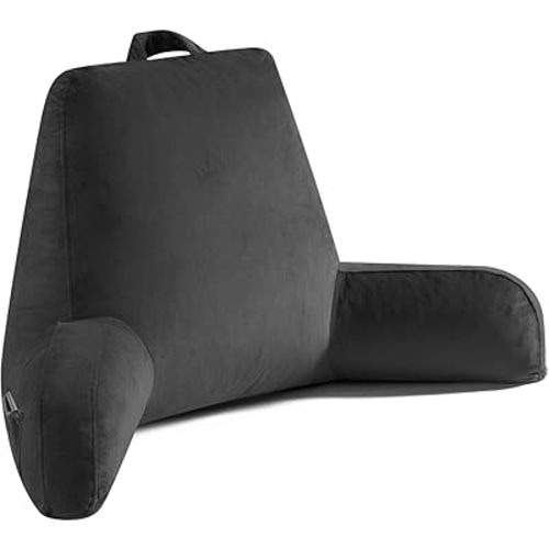 Reading Pillow for Sitting in Bed Adult, Reading Pillow with Shredded Memory Foam, Back Pillow for Bed Sitting Up with Extend Arms, Pockets, Pillow with Washable Cover,Black, X-Large