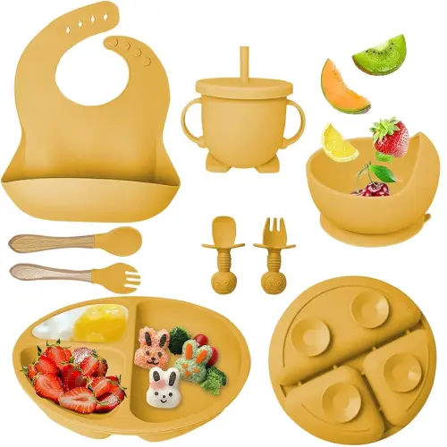 Silicone Baby Feeding Set, Baby Led Weaning Supplies with Suction Bowl Divided Plate, Toddler Self Feeding Dish Set with Spoons Forks Sippy Cup Adjustable Bib, Baby Eating Utensils-Ginger Yellow