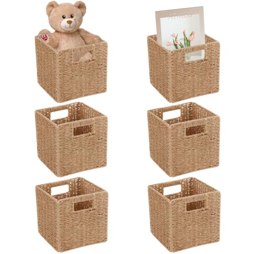 Ukontagood 6 Pack 8.7 Inch Wicker Baskets, Hand Woven Paper Rope Storage Baskets, Foldable Cube Storage Bins Organizer Square Wicker Cubes for Shelves Pantry Organizing & Decor