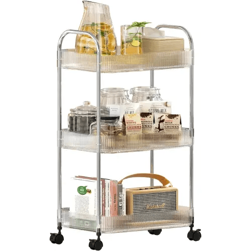 3 Tier Rolling Cart with Wheels,Utility Trolley with Handle,Clear Acrylic Movable Storage Organizer for Kitchen,Bathroom,Nursery,Laundry,Book,Snack,Craft