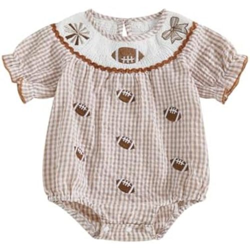 Newborn Baby Girl Football Outfit Rugby Bow Embroidery Plaid Smocked Bubble Romper Bodysuit Cute Football Clothes