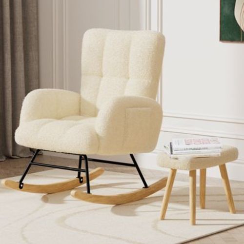 COMHOMA Modern Nursery Rocking Chair, Teddy Upholstered Glider Accent Chair with Side Pockets, High Backrest, Gray