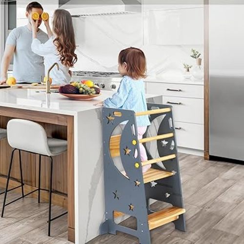 Toddler Tower, Step Stool, 3 Platform Adjustable Height Toddler Kitchen Stool, Kids Standing Tower with Safety Rail & Nonslip Feet (Moon)